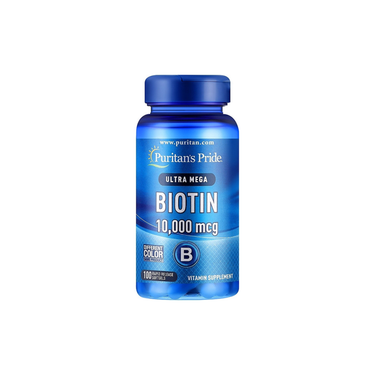 A blue bottle of Puritan's Pride Biotin 10000 mcg, containing 100 rapid release softgels, is a beauty supplement rich in biotin (vitamin B7) for supporting healthy hair, skin, and nails.